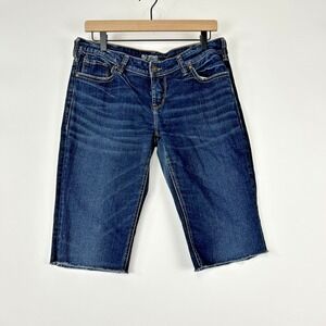 Silver Womens Bermuda Jeans Size 30 Aiko Deep Blue Raw Hem Short Mid Straight